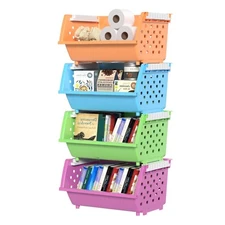 Cand Colored Stackable Storage Bins Open Front Plastic Organizer Basket, 4-Tires