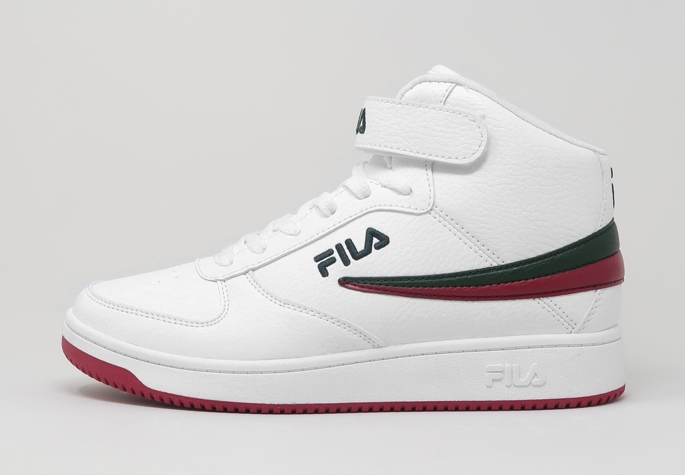FILA Men A-High White Faux Leather Sneakers with Red Green Accents