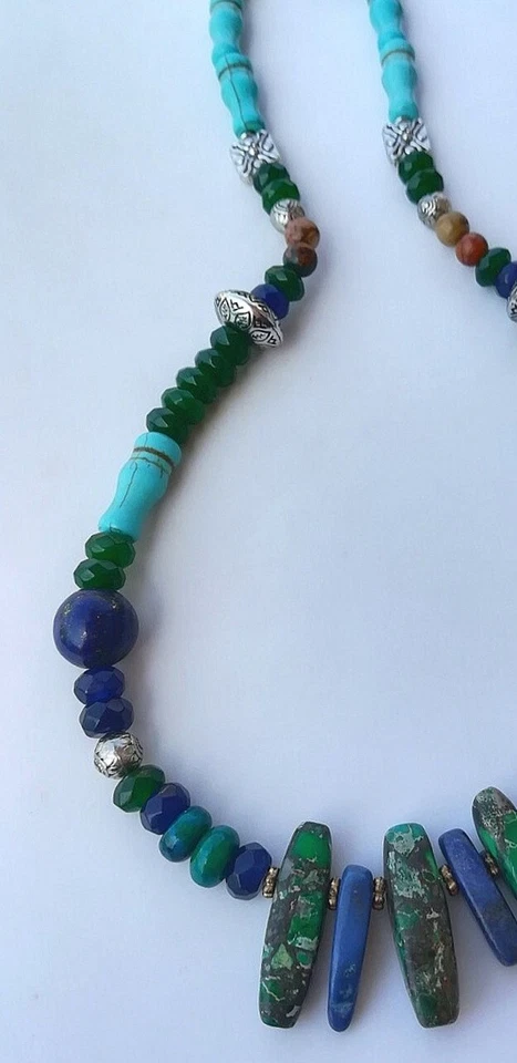 COLLANA NATIVI AMERICANI TURCHESE GIADA AZURITE LAPIS CRISOCOLLA ZAFFIRI ARGENTO - Immagine 3 di 4