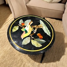 12'' Black Marble Inlay Coffee Table Semi Precious Bird Design Marquetry Art Dec