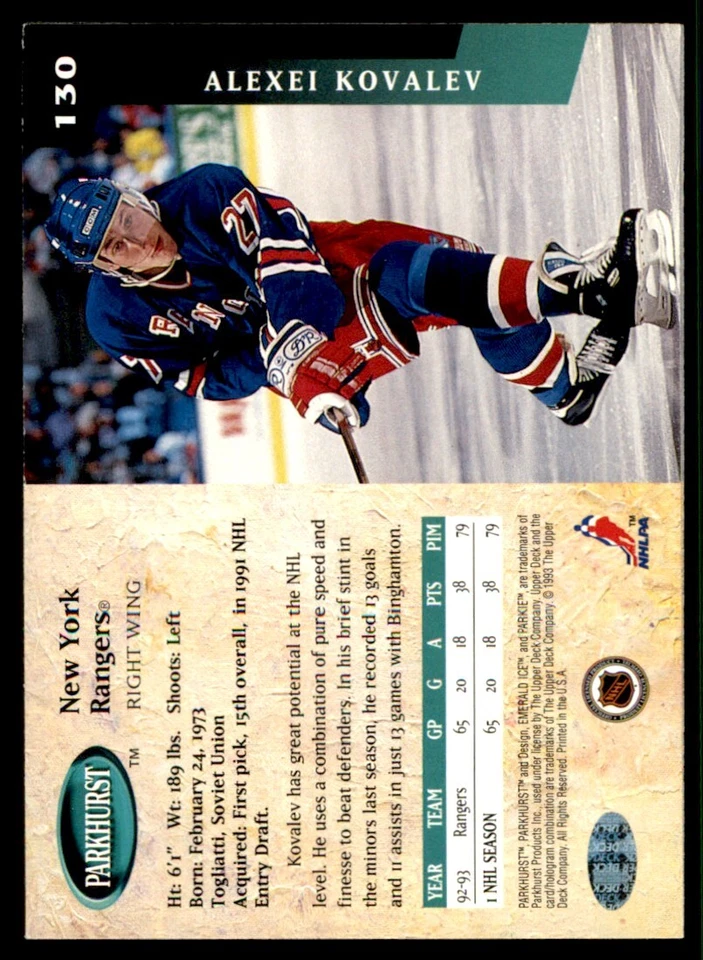 1993-94 Parkhurst Emerald Ice Alexei Kovalev New York Rangers #130 - Image 2 of 2
