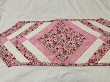 Spring, Summer Flowered Quilted Table Runner 13x36 inches pink/white Var 2