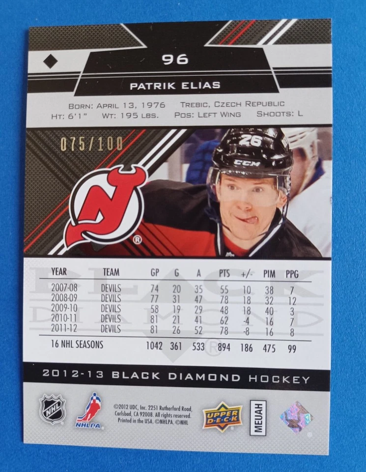 2012-13 BLACK DIAMOND PATRIK ELIAS #96 RUBY RED #75/100 NEW JERSEY DEVILS - Image 3 of 3