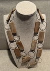 Bleached Wood Rectangles Silver Metal Rings 48" Long Necklace