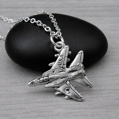 Silver USA Fighter Jet Necklace - Bomber Plane Pendant - Military