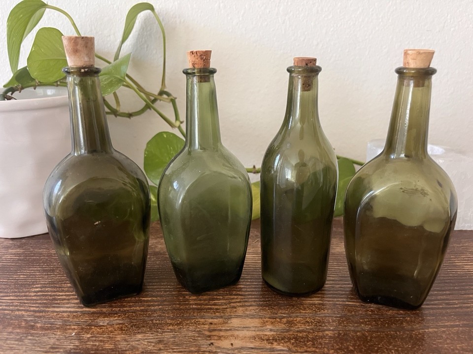 Vintage Green Glass Apothecary Bottles Set of 4 Embossed Corked Apothecary Jars