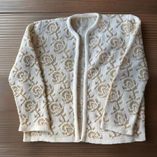 Vintage 80s/90s  Open Front Sweater- With Gold Foil Knit Roses - Granny Core