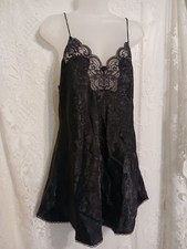 Vintage 90s Deena Black Satin Floral Brocade Lace Nightgown Nighty Lingerie M