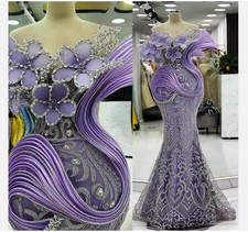 Lilac Mermaid Prom Dresses Flowers Crystals Lace Stylish Evening Party Gowns