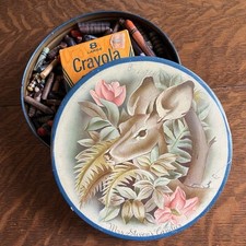 Vintage Crayons 1960s Used Broken In Mrs Stevens Candy Tin With Deer Over 2 Lbs