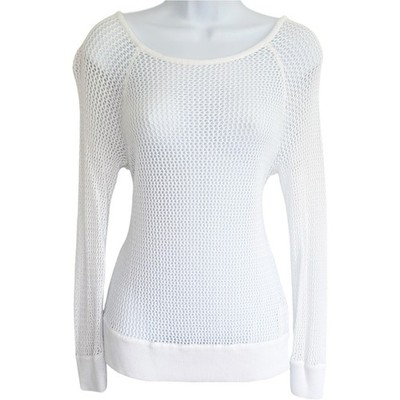 525 AMERICA White Open Knit Sweater Medium Fishnet Crochet Mesh Long Sleeve Top