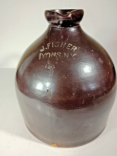 EARLY VINTAGE PRIMITIVE 19TH c STONEWARE JUG BY J. FISHER LYONS NY