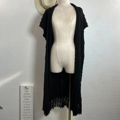 MaxSport long cardigan vest sweater ONE SIZE black fringe boho festival shag