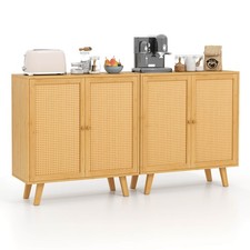 2PCS Bamboo Buffet Cabinet with PE Rattan Doors Freestanding Kitchen Cupboard