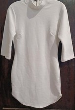 BooHoo White Ribbed Bodycon Dress W/ 3/4 Sleeves Size 6- Formal Party Sexy