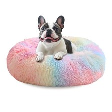 JOLLYVOGUE 36in Calming Donut Dog Bed Washable Faux Fur, AntiSlip, Fits 80 lb