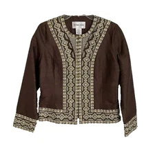 Vtg Victor Costa Brown 100% Silk Embellished Embroidered Jacket Size 4