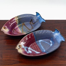 Studio Pottery Fish Dishes Pair Ceramic Signed Bowls Purple Clay Set of 2