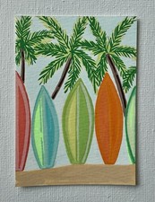 Mini peinture originale ACEO planches de surf sur la plage ATC par Liz Benavides