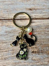 NEW Black Cat 3 Kitten Bag Charm Keychain With Pearl. Floral  Heart Tail