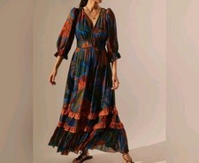 Farm Rio Bohemian Maxi M Floral Blue And Orange Brown Elastic Waist  Dress