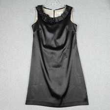 Liz Claiborne Sheath Dress Womens 8 Black Satin Pleated Rosette Neck Cocktail