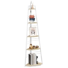 Image of HOMCOM 5-Tier Corner Shelf, Shelving Unit with Adjustable Feet, Natural Wood