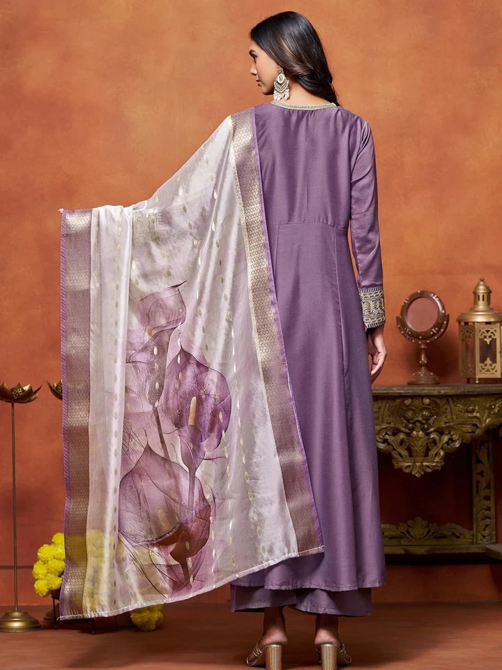 Women's Cotton Silk Embroidered Anarkali Kurta Palazzo with Digital Print Dupata - Image 4 of 4