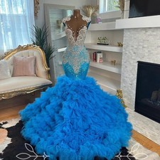 Blue Ruffles Prom Dress Black Girl Silver Crystal Beaded Evening Party Gala Gown