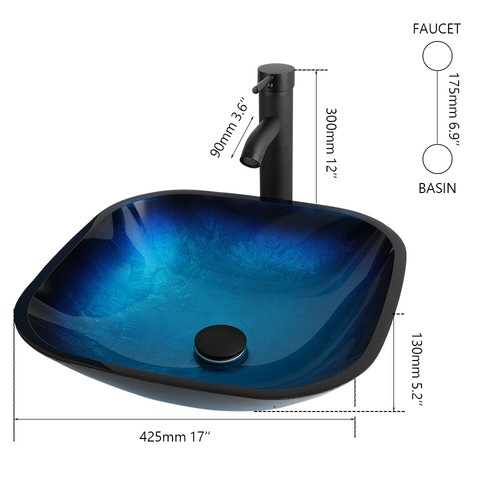 US Blue Bathroom Vessel Sink Square Tempered Glass Basin Mixer Black Drain Taps - Picture 2 of 13