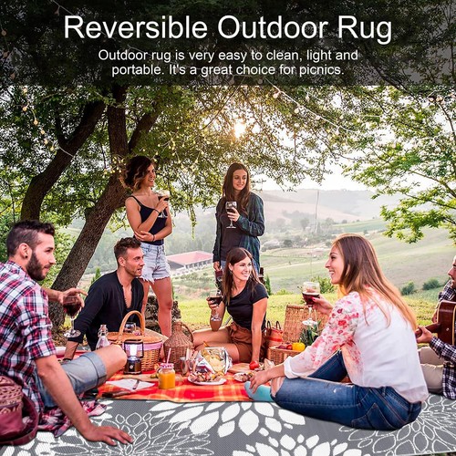 Reversible Outdoor Rug 6x9Ft Waterproof Patio Rug Carpet 6x9 FT Grey-flower - Picture 5 of 9