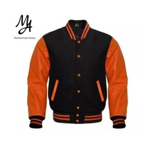 Premium Black & Orange Varsity Letterman Jacket – Classic Vintage Bomber Jacket