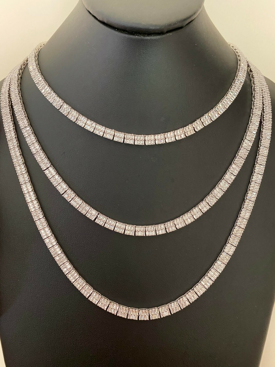 SOLID 925 Sterling Silver Baguette Tennis Chain ICED CZ Necklace