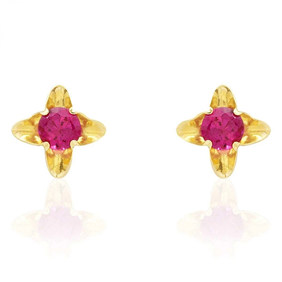 14k Yellow Gold Ruby Flower Baby Screwback Stud Earrings 5mm - Image 3 of 4