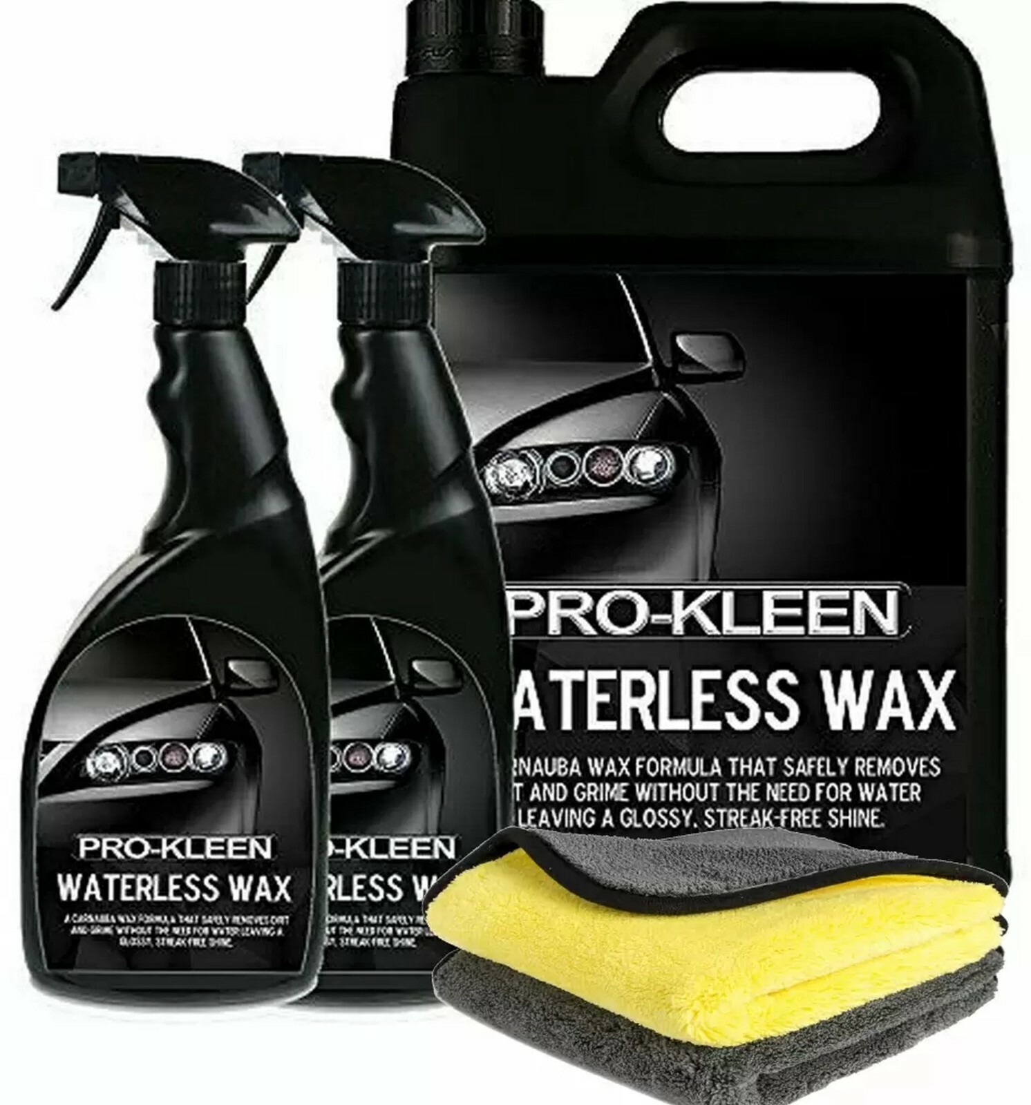 Prokleen Car Polish Wax Waterless Cleaner Washing Valet 2 Microfibre Cloths Kit