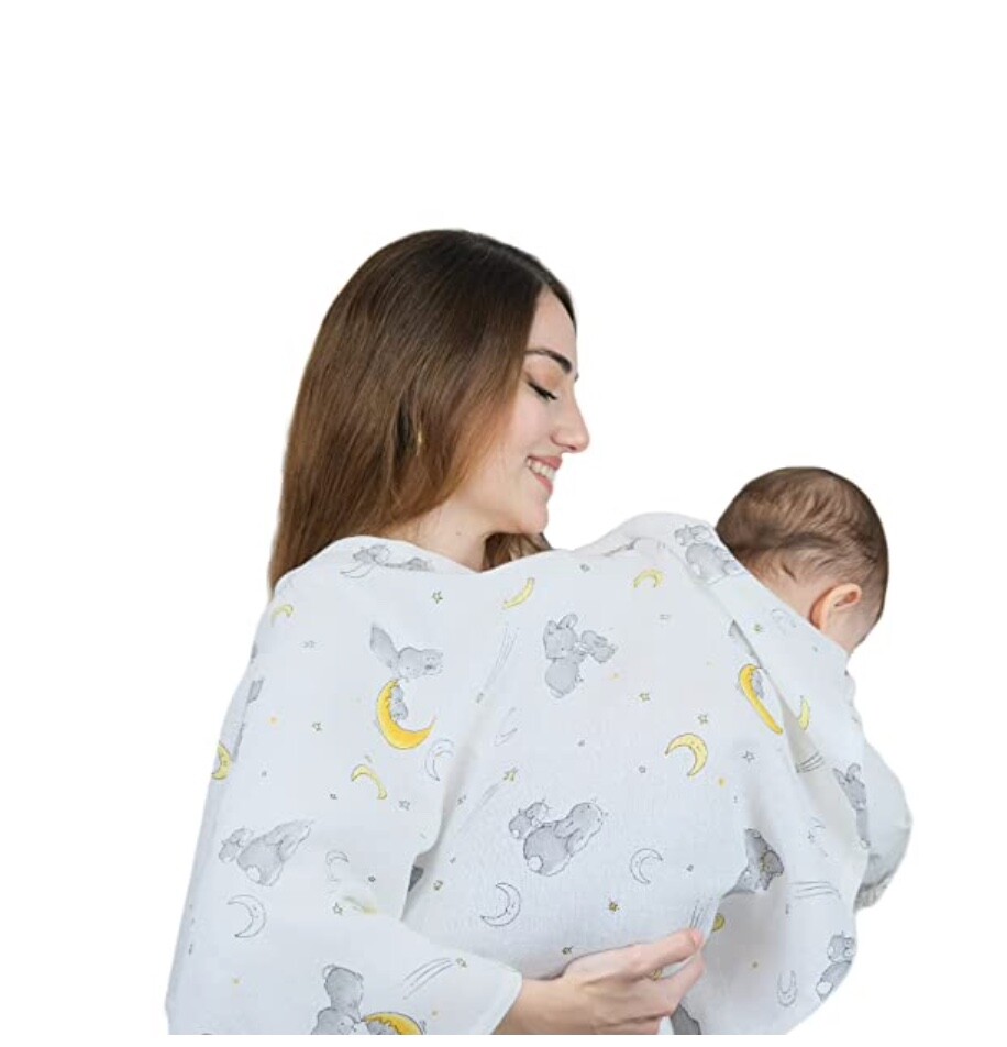 Nursing Cover in Soft Muslin Cloth – Rabbit Cream Design for Breastfeeding-image