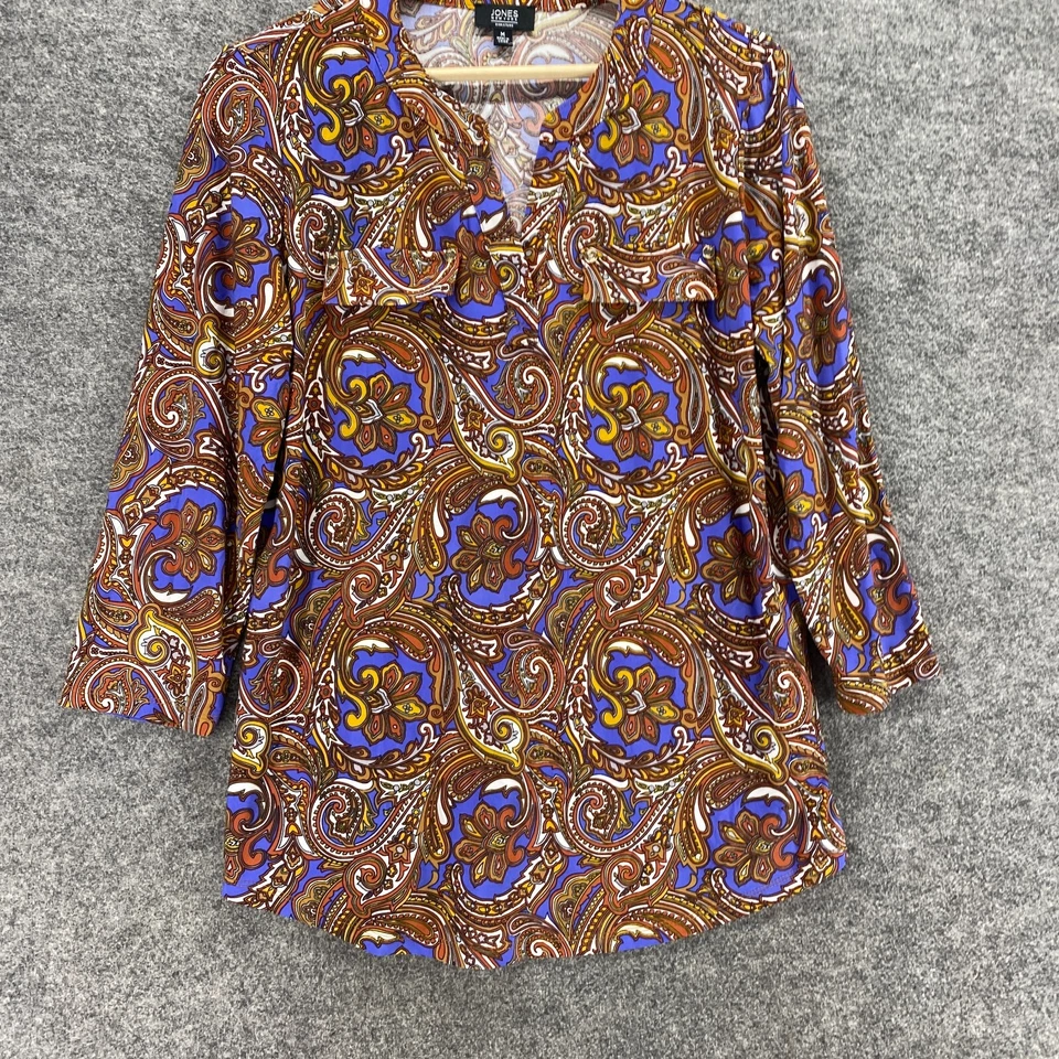 Blusa Jones New York Mujer M Mediana Marrón Geométrica Cuello en V Manga 3/4 Informal Foto 4 de 4