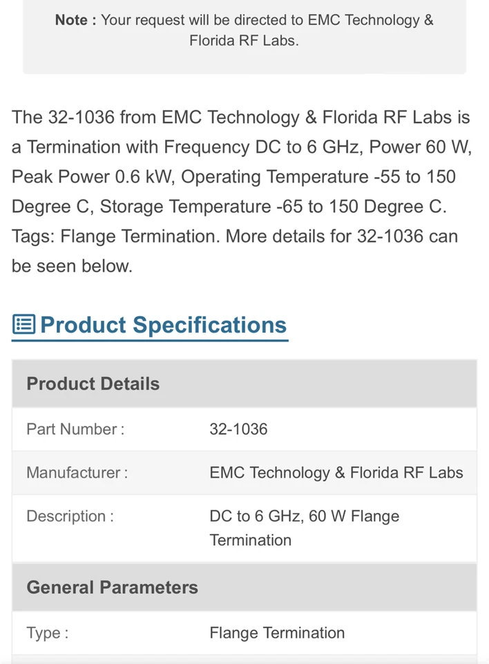 EMC Technology 32-1036 RF Termination Microwave Resistor 60 W 50ohm DC-6 GHz New - Image 2 of 4