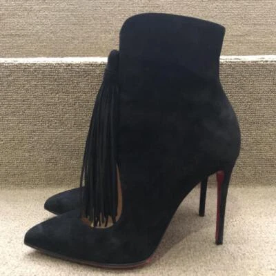 Bottes Courtes En Suède Christian Louboutin Franges 35.5 Noires Femme Duty Paid - Photo 1/4