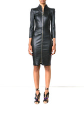 Open Zip Leather Dress Soft Lambskin Leather Above Knee Length Cropped Sleeve