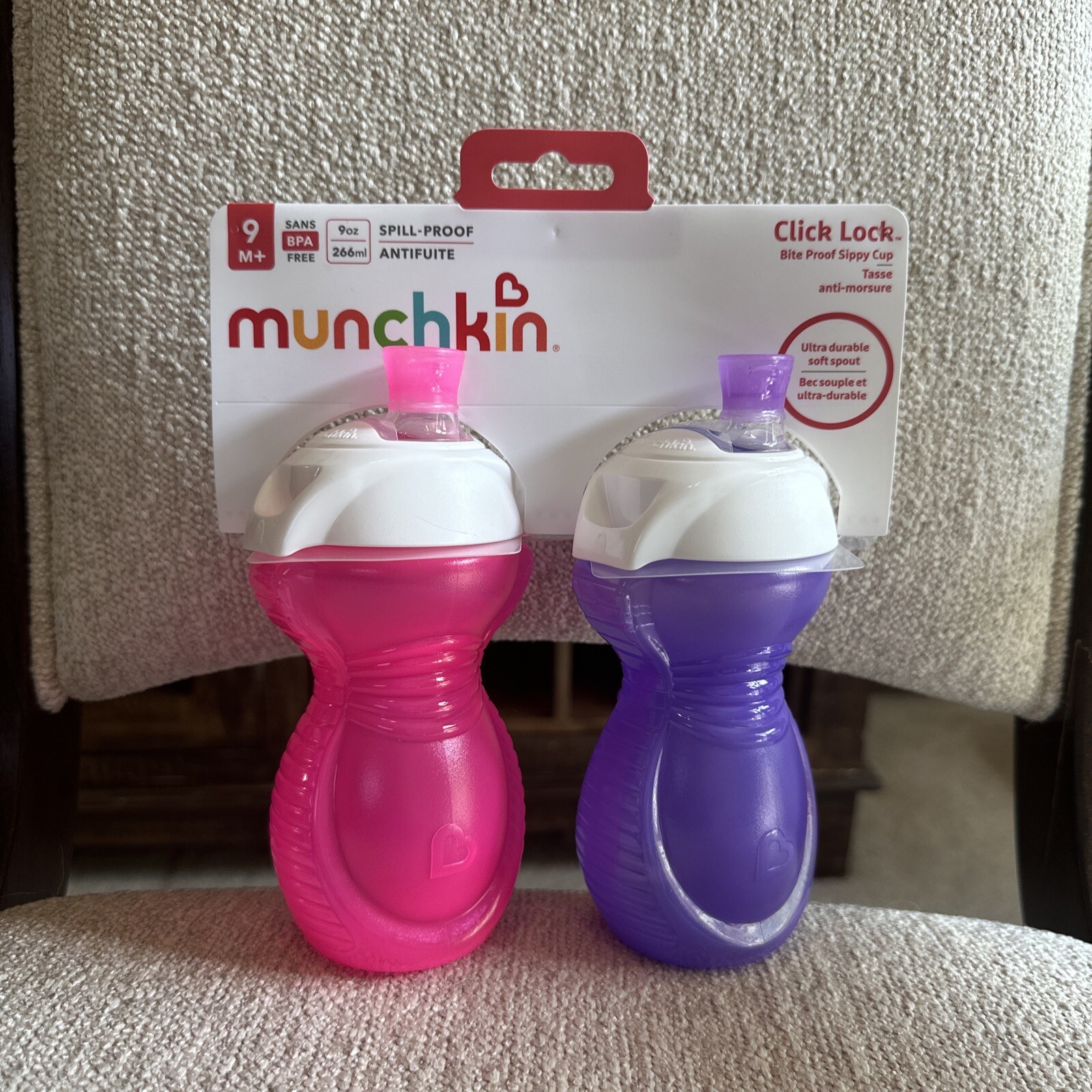 Munchkin Click Lock Flip Straw Toddler Cup, 9 Ounce, 2 Pack - Pink/Purple