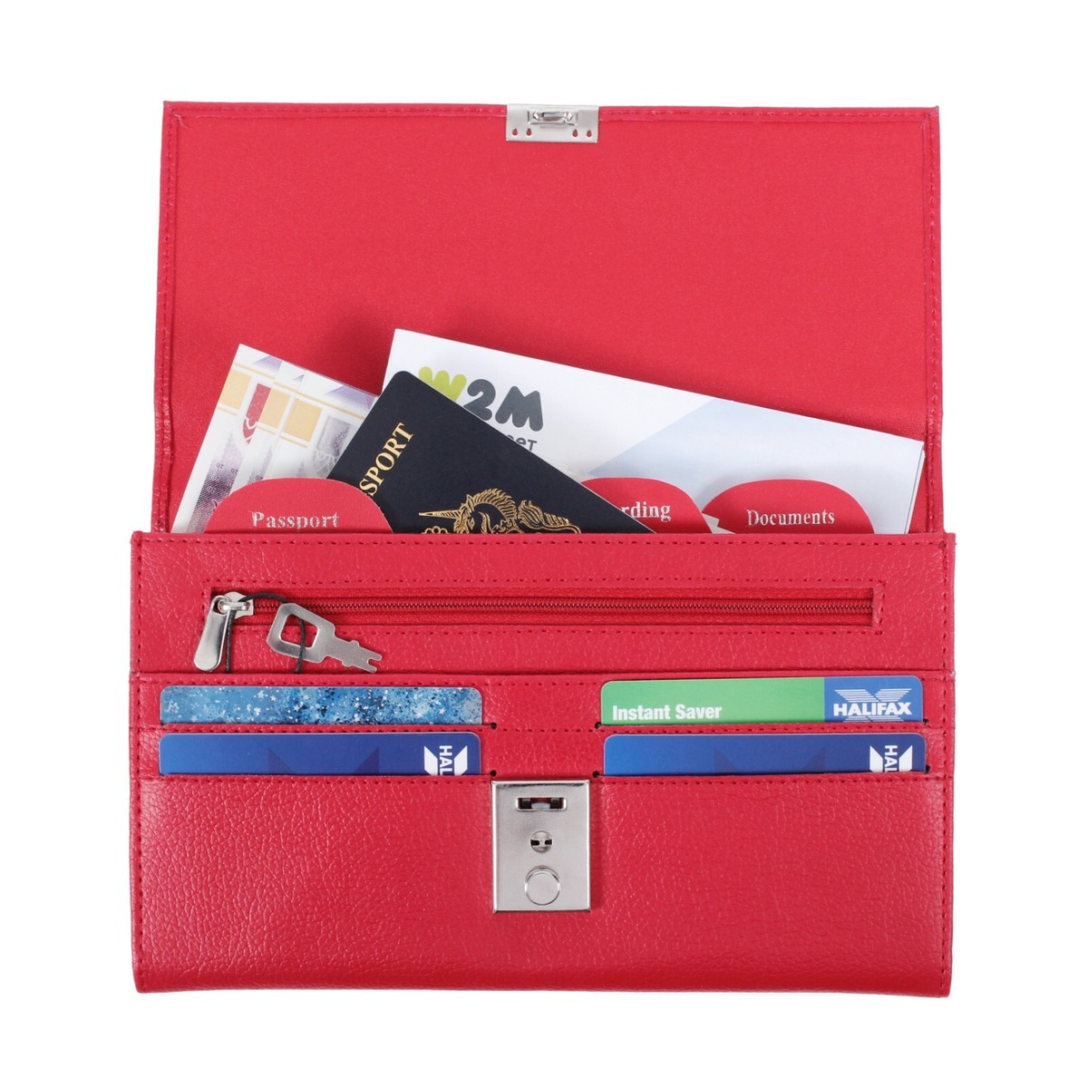 Vegan Leather TRAVEL Document WALLET ORGANISER with lock for Passport Red  Burg
