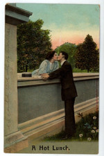 1909 A Hot Lunch Victorian Lovers Couple Kissing Stone Fence Antique Postcard