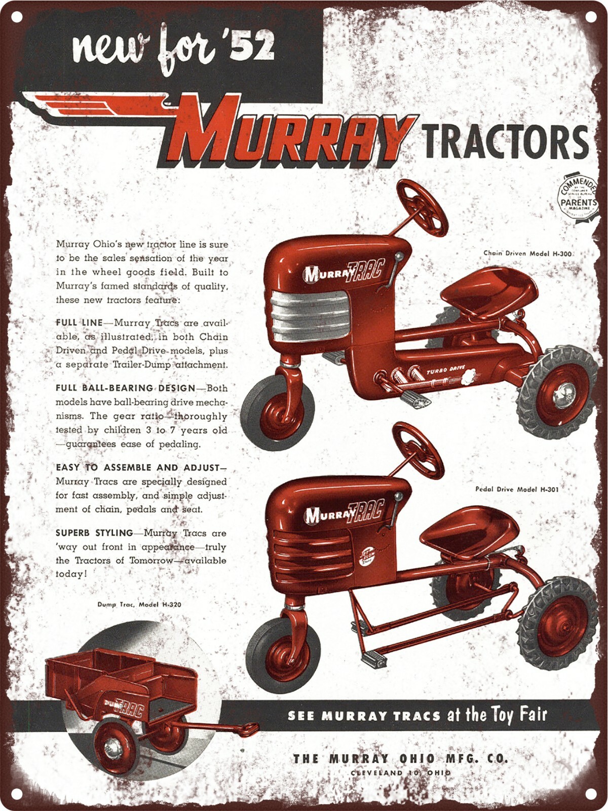 1952 Murray Pedal Car Farm Tractor Turbo Drive Dump H-300 Metal Sign 9x12