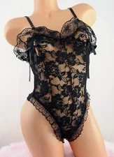  Sheer Sexy BLACK All Lace Exotic Peekaboo Bust Sissy Mesh Teddy Romper Slip OS