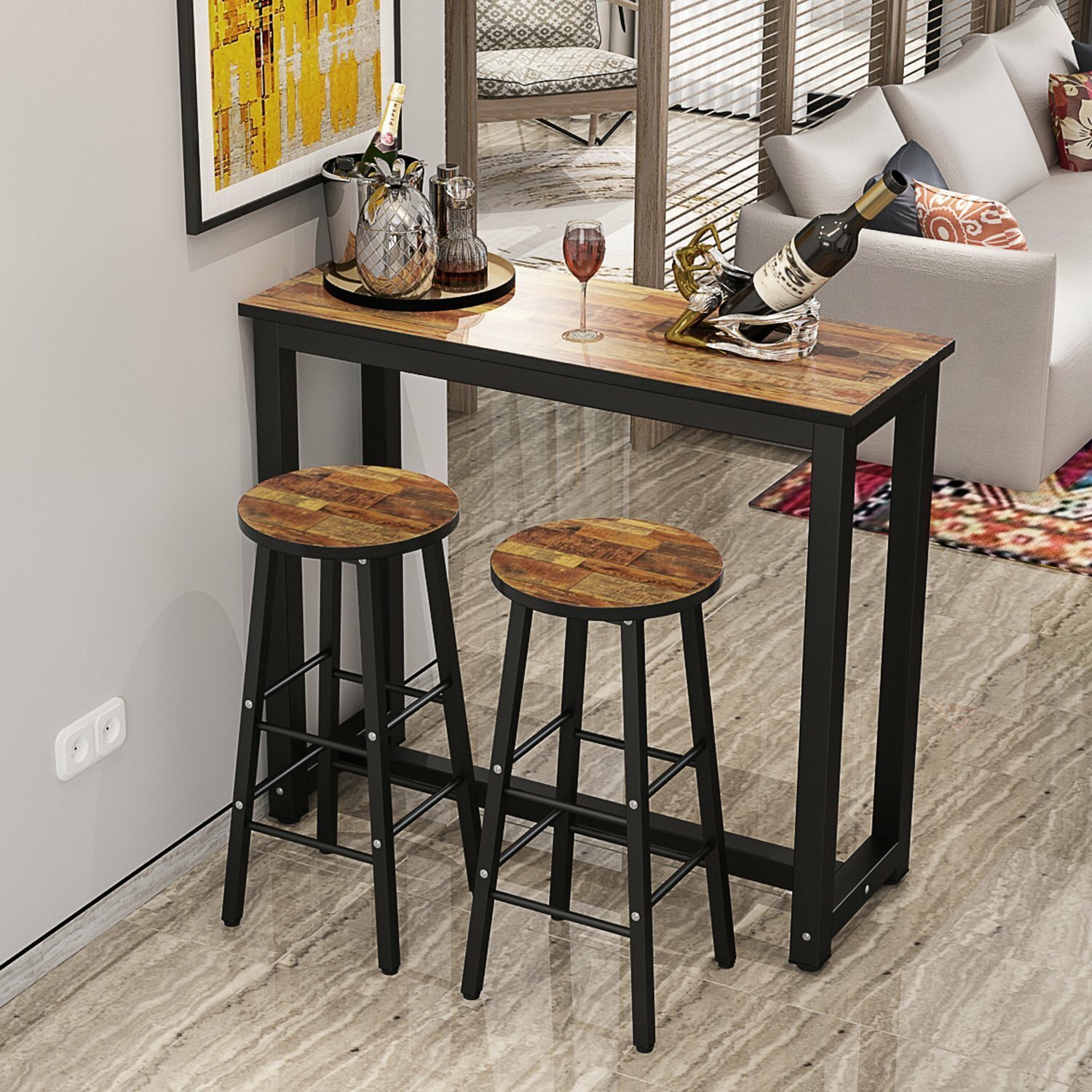 Details About New 3 Piece Pub Dining Set Wooden Table Kitchen 2 Bar Stools Small Space Saver