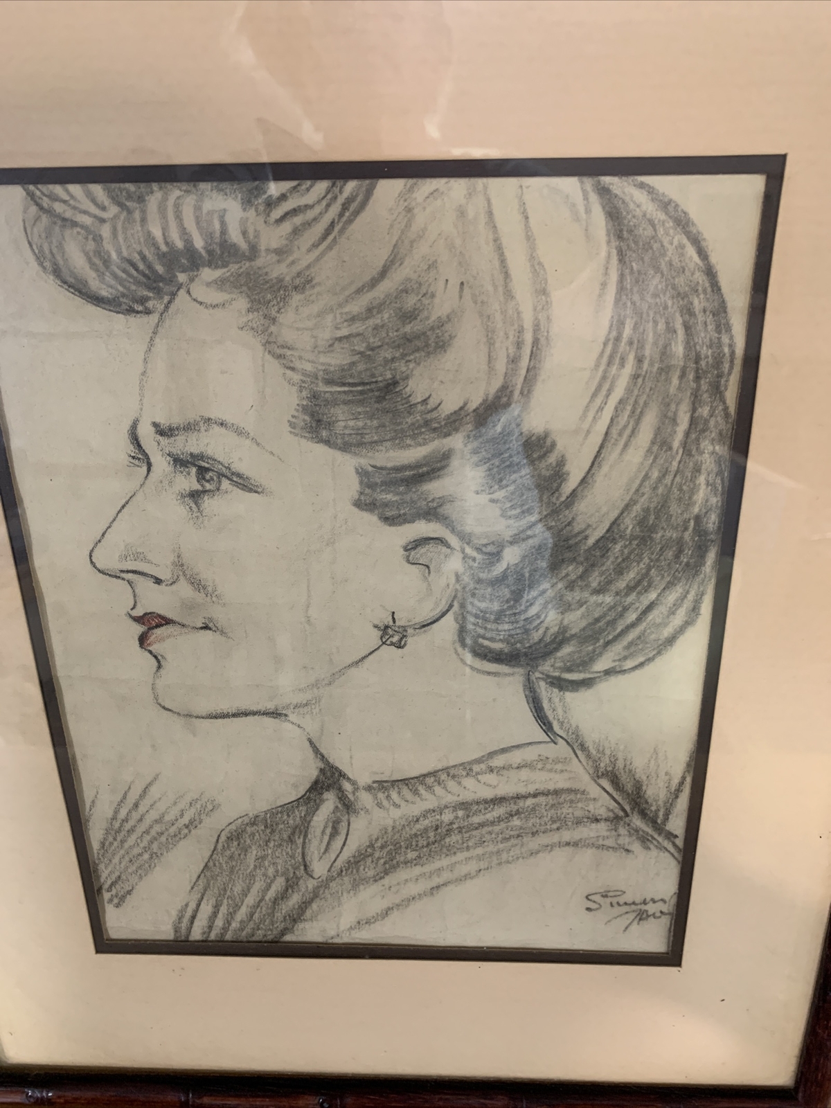 Vintage Signed Pencil Portrait Sketch Drawing Art with Free Shipping