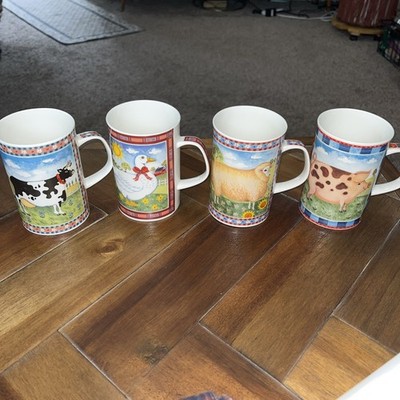 Dunoon Fine Bone China Barnyard 4 Mug Set Jane Brookshaw England Cow Pig Lamb