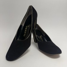 Vintage 1960s DeLiso Debs Palter DeLiso Square Toe Black Pumps Gold Trim 7.5B