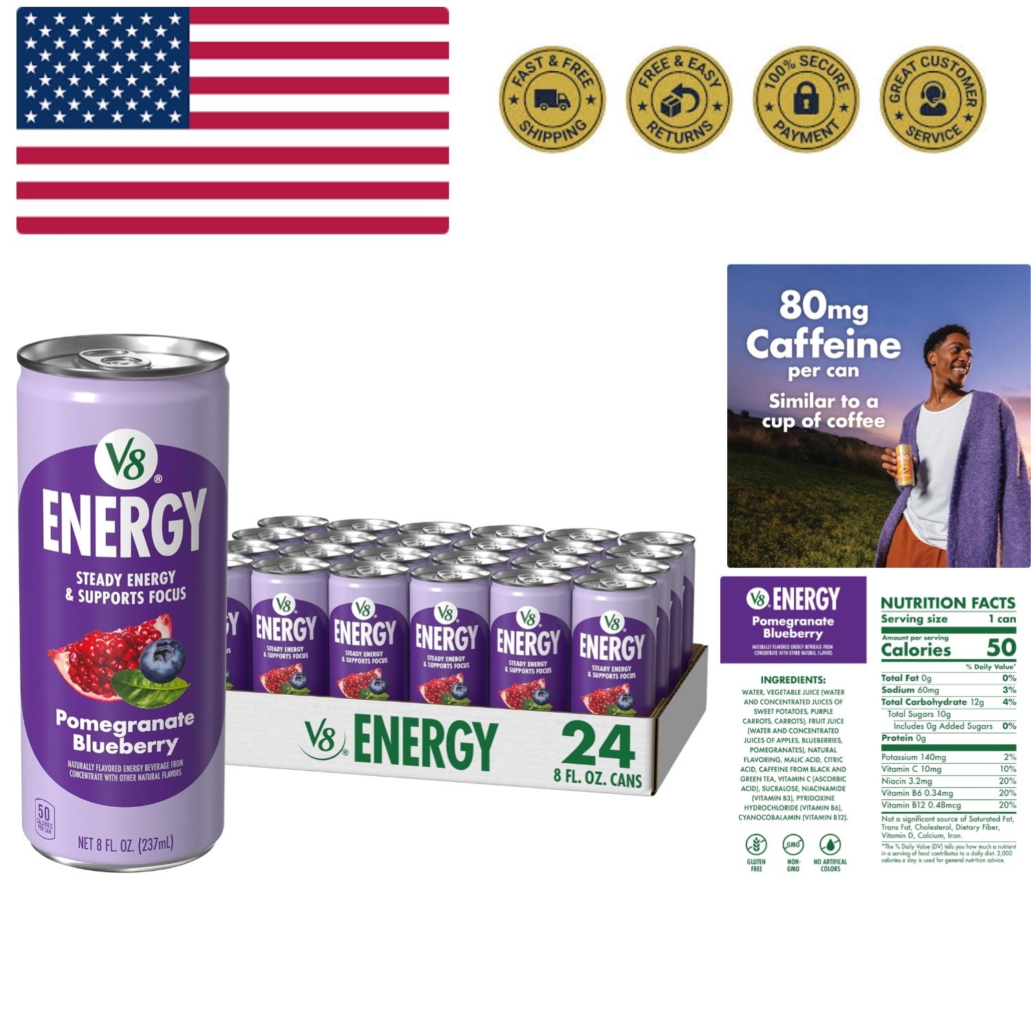 Energy Pomegranate Blueberry Energy Drink, 8 fl oz Can 24 Pack